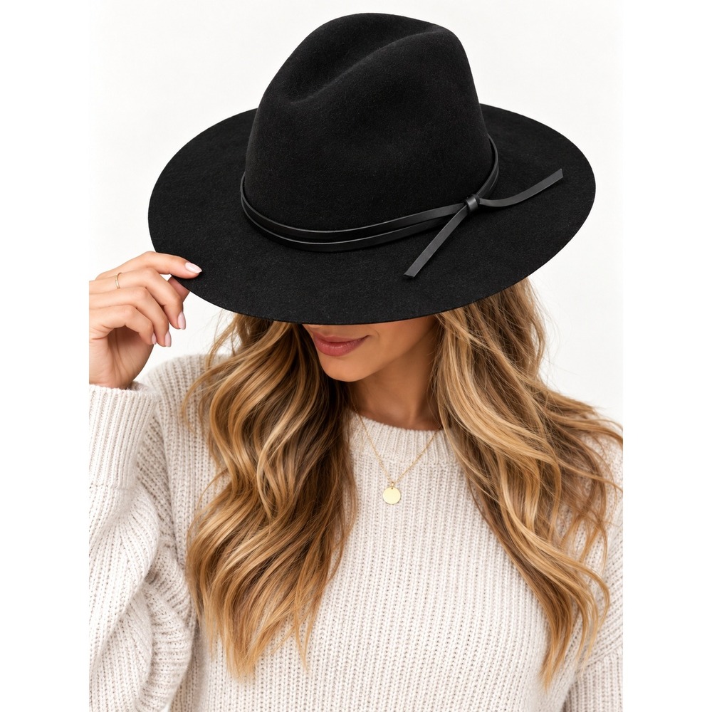 Black 100% Wool Wide Brim Fedora Hat Pinched Crown Faux Leather Band RN157656